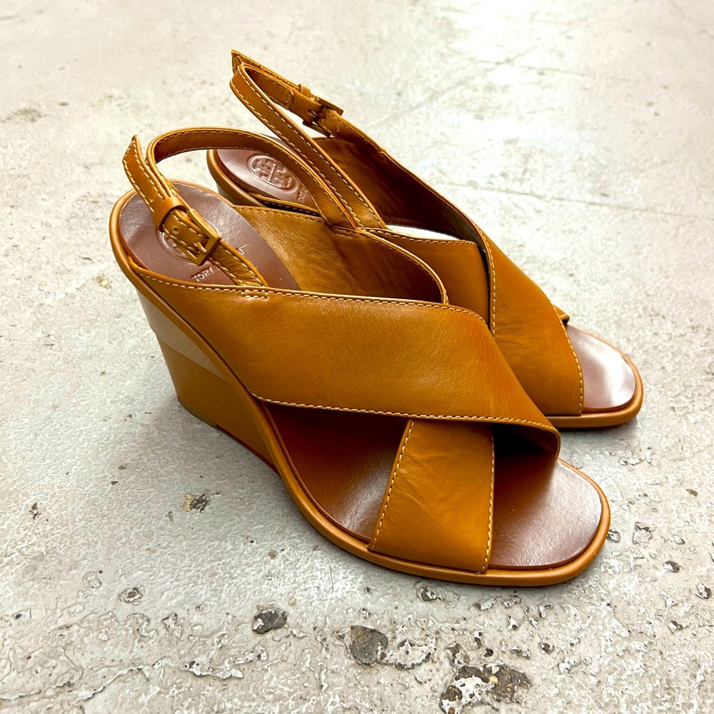 Tory Burch brown leather wedge heels size 7 1/2